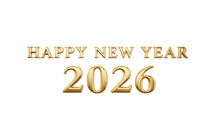 Golden happy new year 2026 text with metallic sheen isolated on transparent background