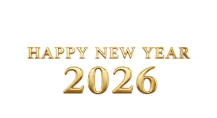 Golden happy new year 2026 text with metallic sheen isolated on transparent background