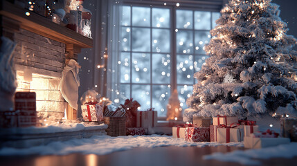 cozy christmas living room with decorated tree and fireplace