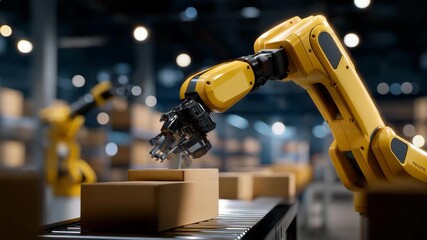 Night-time smart warehouse scene with robots efficiently handling cargo under AI supervision, emotion of order and innovation visible, representing automated inventory management, advanced - Powered by Adobe
