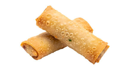 Crispy golden brown fried spring rolls, a popular Asian appetizer or snack, showcasing their delicious texture and isolated on a clean white background