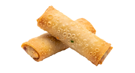 Crispy golden brown fried spring rolls, a popular Asian appetizer or snack, showcasing their delicious texture and isolated on a clean white background