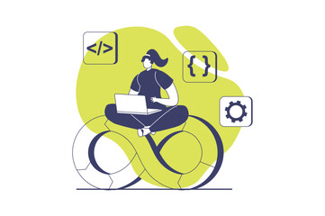 DevOps web concept with flat people for website design. Woman working with programming and management system, job integration practice with agile cycles in it product engineering. Vector illustration.