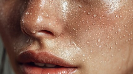 Close up of human face with droplets of water and textured skin