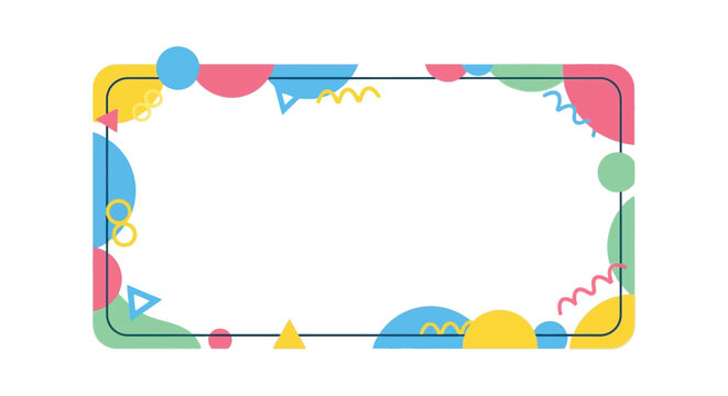 Colorful abstract geometric shapes and confetti border with rounded corners on white background for design