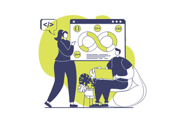 DevOps web concept with flat people for website design. Man and woman making teamwork infrastructure with agile production cycles, using management and programming connection. Vector illustration.