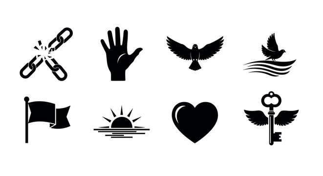 Set of eight black vector icons including broken chain, raised hand, flying dove, bird on waves, waving flag, sunrise, heart, and antique key with heart-shaped bow.