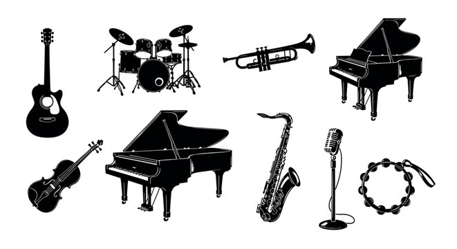 Black silhouette icons of various musical instruments including a guitar, drum set, trumpet, grand piano, violin, saxophone, microphone, and tambourine.