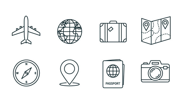 Black outline icons depicting travel essentials including an airplane, globe, suitcase, map, compass, location pin, passport, and camera.