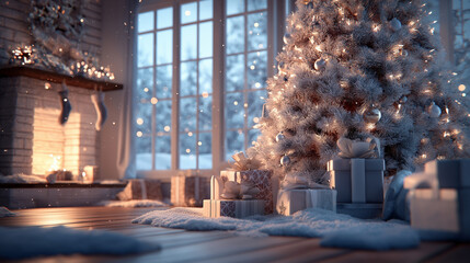 cozy christmas living room with decorated tree and fireplace