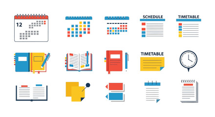 Collection of colorful flat design icons representing calendars planners notebooks and to do lists for organization and scheduling