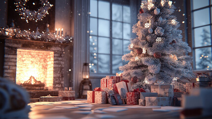 cozy christmas living room with decorated tree and fireplace