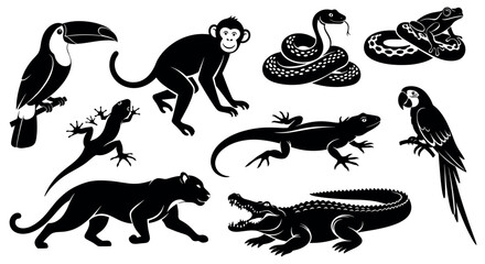 Obraz premium Black silhouette illustrations of various rainforest animals, including a toucan, monkey, snakes, lizards, parrot, panther, and crocodile, showcasing their distinctive shapes.