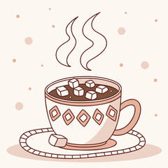 Cozy cup of hot chocolate with marshmallows and steam