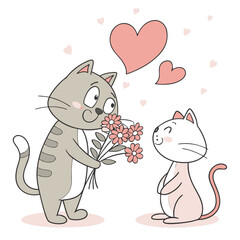 Cute cartoon cats in love with flowers and hearts