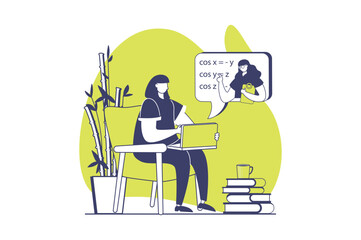 Distant learning web concept with flat people for website design. Woman studying online from laptop with teacher, student watching webinars and video lessons at virtual courses. Vector illustration.