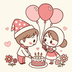 Cute couple celebrating birthday with cake and balloons