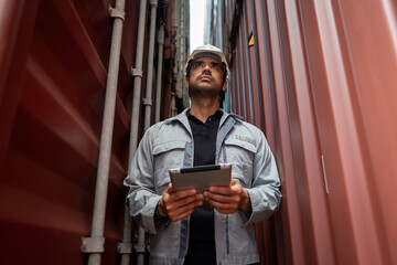 Male engineer holding digital tablet while inspecting shipping containers yard. Concept of inventory and logistic management.