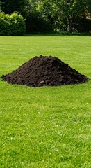 A recently created, prominent mound of dark soil sits conspicuously on a lush, well-maintained green lawn under bright daylight ,mound, backyard, summer