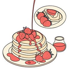 Delicious stack of pancakes with fresh strawberries and syrup