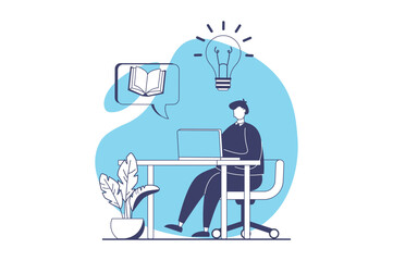 Distant learning web concept with flat people for website design. Student reading books from laptop, studying with digital textbooks, doing homework and getting knowledges. Vector illustration.