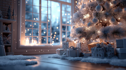 cozy christmas living room with decorated tree and fireplace