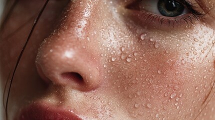 Close up of human face with water droplets and flushed skin