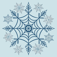 Intricate blue snowflake design with spider web patterns on a light blue background