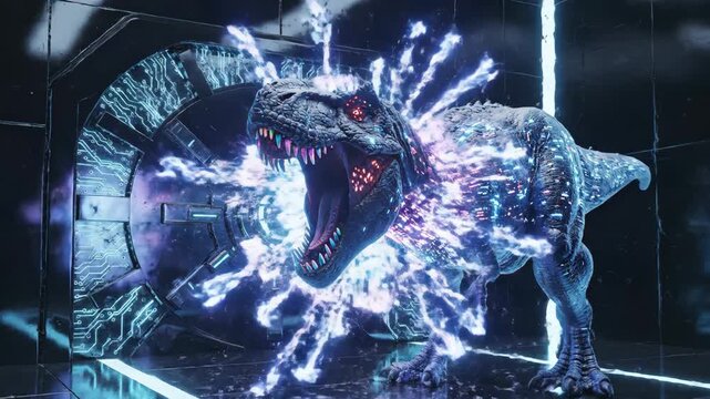 Demonic digital kaiju emerging from a glowing cosmic energy portal. Destroying the surrounding hi-tech gateway into shattered pieces. Symbolizing a catastrophic breach of technology and ultimate power