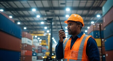 African american man worker talking on walkie talkie in warehouse. Shipping cargo and logistics transportation industry. Supply chain and freight concept.