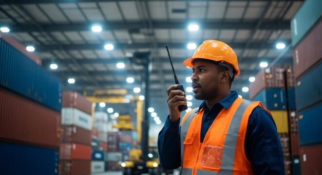 African american man worker talking on walkie talkie in warehouse. Shipping cargo and logistics transportation industry. Supply chain and freight concept.