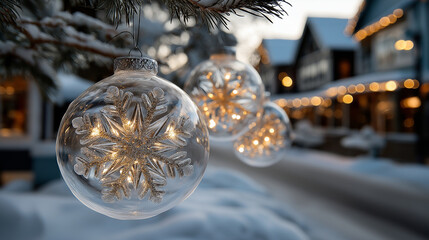 elegant glass christmas baubles with golden snowflakes