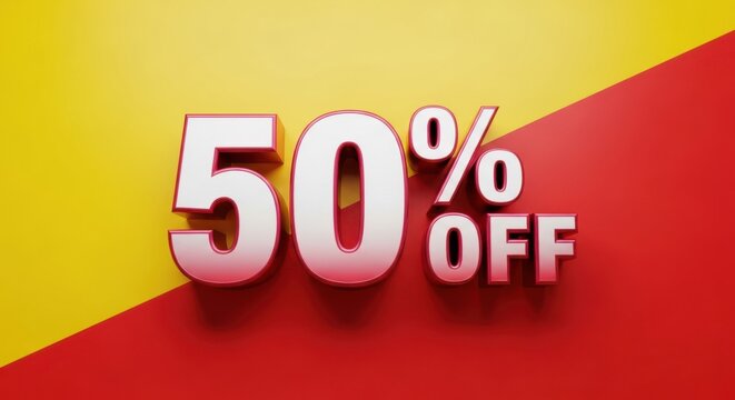 Bold 3d fifty percent off sale announcement with red and yellow background