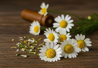 Obraz premium Close up view of freshly harvested chamomile flowers on a rustic wooden surface, emphasizing delicate petals and preparation for brewing herbal tea, white, calming, health