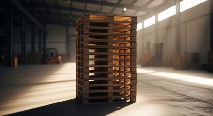 Stack of wooden pallet for warehouse storage and freight distribution. Industrial logistics and cargo transportation concept.