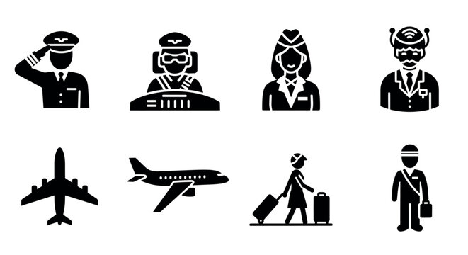 Black silhouette icons depicting aviation professionals and related elements, featuring pilots, cabin crew, airplanes, and ground crew.