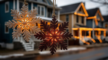 festive snowflake lights on cozy street