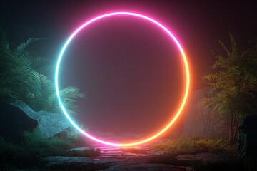 Multicolored neon circle in a dark forest. Bright glow at night. Trees and vegetation. Mysterious background.
