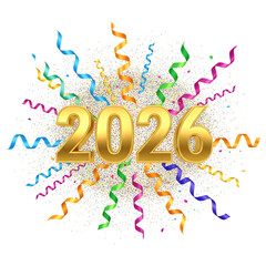 Golden 2026 balloons explode with colorful confetti and streamers on black background