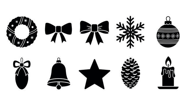Black silhouette icons of eight christmas symbols including wreath, bows, snowflake, ornament, bell, star, pinecone, and candle.