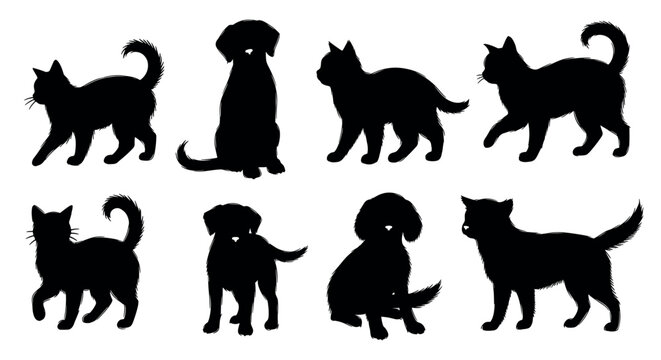 Silhouettes of four different cat poses and four different dog poses, each showcasing distinct body shapes and postures.