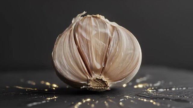 Garlic Bulb Radiates Golden Light on Dark Textured Surface, Close Up