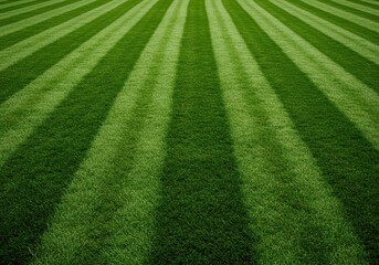 Immaculate green grass displaying distinct, alternating dark and light stripes, resulting from careful rolling and precision lawn mowing techniques ,summer ,clean ,stripes