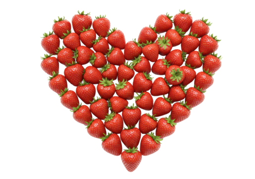 Plump, glossy red strawberries with green stems meticulously arranged in a perfect heart shape against a transparent background with copy space, soft shadows, concept of love and freshness