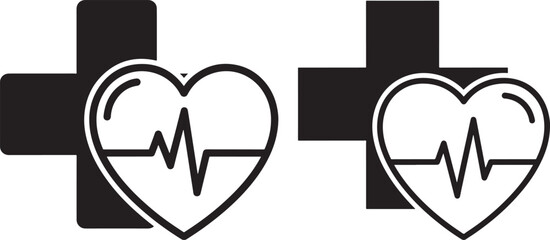 Two heartbeat ekg icons over black crosses silhouette