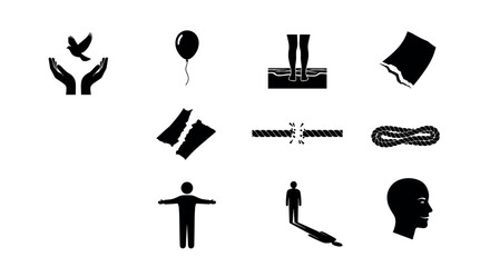 A collection of black silhouette icons depicting various symbolic themes such as freedom, vulnerability, isolation, and connection through hands, a balloon, and a rope.