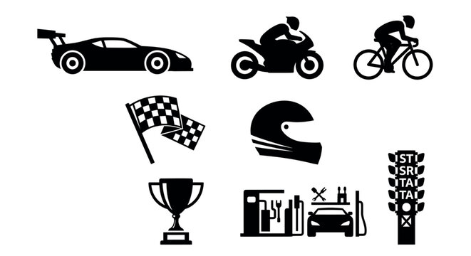 Black silhouette icons depicting racing car, motorcycle, cyclist, checkered flag, helmet, trophy, pit stop, and starting lights, representing motorsport elements. - Powered by Adobe