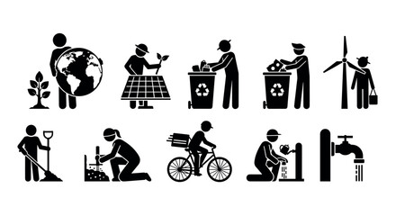 Fototapeta premium Black silhouette icons depicting various environmentally friendly and sustainable activities, including recycling, planting trees, and using renewable energy sources.