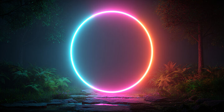 Multicolored neon circle in a dark forest. Bright glow at night. Trees and vegetation. Mysterious background.
