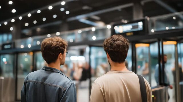 Passengers entering a high-tech hyperloop station through AI-controlled boarding gates, emotion of anticipation and futuristic excitement visible, representing advanced transit infrastructure,